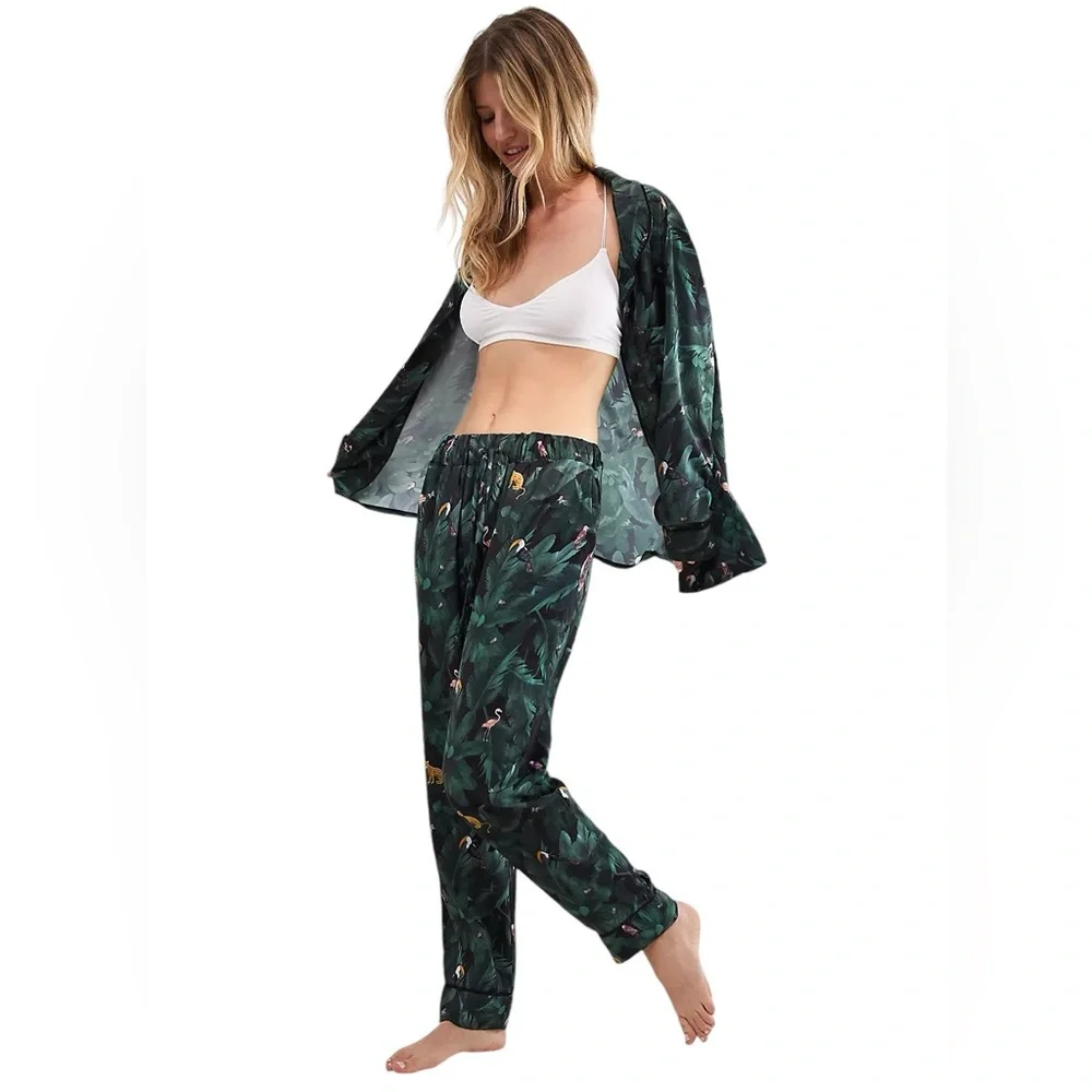 Plush by Revolve Silky Jungle Print PJ Set in Emerald Print Size Small